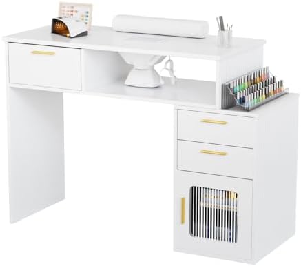 OmySalon Nail Desk with Ribbed Design & Electric Dust Collector - Nail Tech Station with Storage Drawer, Fluted Glass Cabinet & Wrist Cushion for Home Salon & Spa (White) by OmySalon