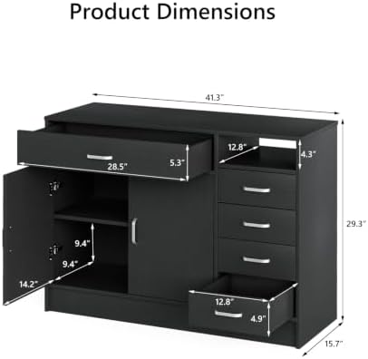 Paddie 5-Drawers Salon Station Free Standing Cabinet, Salon Furniture Hair Styling Stations w/4 Side Drawers, 1 Middle Drawer, 1 Cabinet & Open Shelf, Barber Table Hair Salon Furniture - Image 2