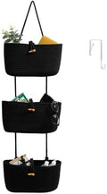 TeoKJ Over the Door Hanging Baskets with Button Strap, 3-Tier Woven Cotton Storage Organizer Bag, Wall-Mounted with Hook Decorative Hanging Nursery Baskets - Black by TeoKJ