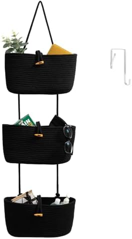 TeoKJ Over the Door Hanging Baskets with Button Strap, 3-Tier Woven Cotton Storage Organizer Bag, Wall-Mounted with Hook Decorative Hanging Nursery Baskets - Black by TeoKJ