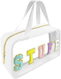 Bunliuys Chenille Letter Clear Makeup Bag Stuff Patch, Travel Toiletry Makeup Bag with Handle, Nylon Waterproof Makeup Bags clear cosmetic bag, preppy patch makeup bag for Women (STUFF-White) by Bunliuys