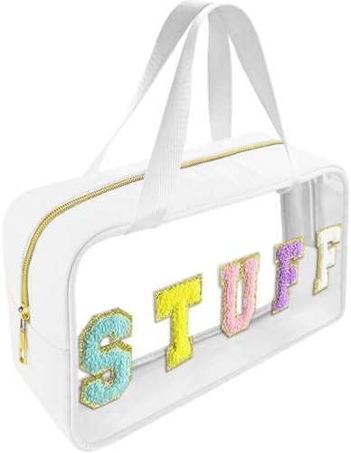 Bunliuys Chenille Letter Clear Makeup Bag Stuff Patch, Travel Toiletry Makeup Bag with Handle, Nylon Waterproof Makeup Bags clear cosmetic bag, preppy patch makeup bag for Women (STUFF-White) by Bunliuys