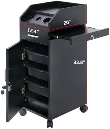 Hair Salon Storage Cart with Locable Wheels & 3 Hair Dryer Holders & 4 Drawers & Lock & 2 Keys, Rolling Salon Cart for Hair Stylist, Hairdresser, Beauty (Black) - Image 2