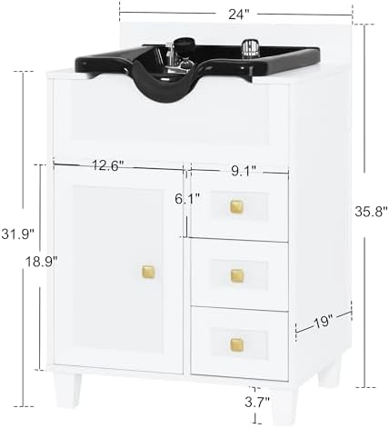 BarberPub Barber Storage Shampoo Station with Bowl & Cabinet 7131 (White) - Image 3
