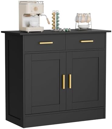 Buffet Cabinet with Storage - Buffets & Sideboards Kitchen Storage Cabinet, Wood Console Table Coffee Bar Accent Cabinets for Living Room Dining Room Entryway Small 2 Doors & Drawers, Black 35.4"W by CozyCastle