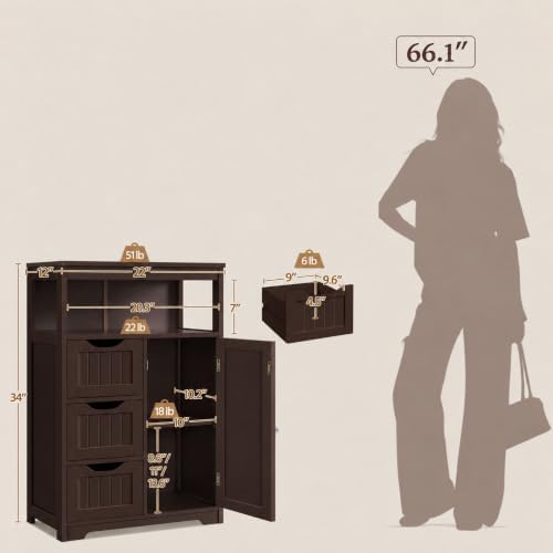 Yaheetech Freestanding Bathroom Storage Cabinet with 3 Drawers, Espresso - Image 3