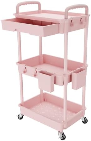 REBECAT 3 Tier Rolling Utility Cart with Drawer,Storage Cart,Rolling Cart for Kitchen,Bathroom,Living Room,Storage Organizer with Iron Wheels（Pink by REBECAT
