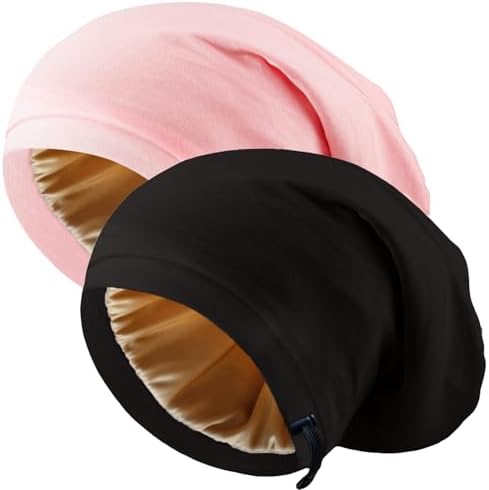 2 Pcs Adjustable Silk Hair Bonnet for Sleeping, Satin Lined Sleep Cap for Women and Men, Silk Hair Wrap Slouch Beanie. by Unknown