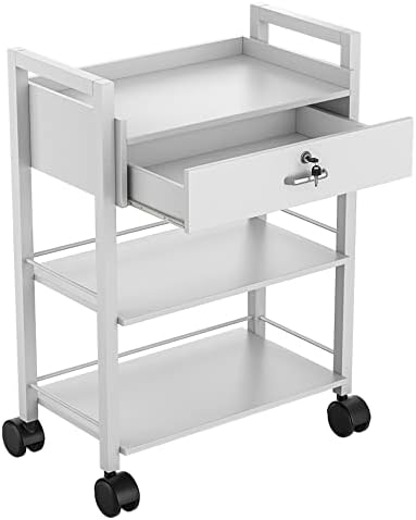 Paddie Salon Trolley Cart, Wooden Mobile Utility Cabinet Lab Cart with 1 Drawer 2 Trays, Rolling Storage Station Beauty Salon Rolling Trolley for Beauty Spa (White) - Image 5