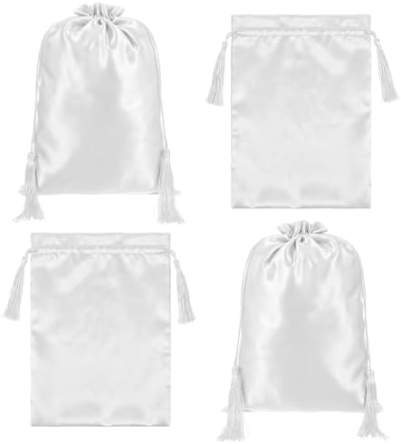 4Pcs Wig Storage Bags,Satin Wig Bag with Drawstring Tassel Silk Hair Bag Wigs Storage for Multiple Wigs,Bundles,Hair Extensions (White) by Unknown