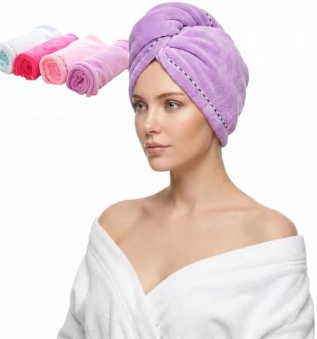 Microfiber Hair Towel 4 Pack, Hair Towel Wrap Quick Dry Hair Hat Anti-frizz Head Turban with Button, Wet Curly Hair Towels for Women (Blue & Pink & Purple & Red) by CCCAIHONG