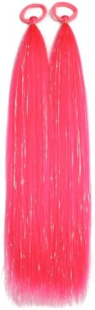 Hot Pink Girls Ponytail Extensions, Hair Tinsel for Women Ponytail With Rubber Band Party Festival Hair Accessories Daily Hair Pieces Ponytail Braiding Hair Extensions Wacky Hair Tinsel 2pcs / lot - Image 3