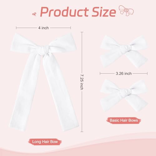 DEEKA White Cotton Linen Hair Bows 2 Sizes 5"&3.5" Soft Hair Bow set for Toddler Girls Long Ponytail Knot Bows Alligator Clip Hair Accessories for Little School Girls (White) - Image 3