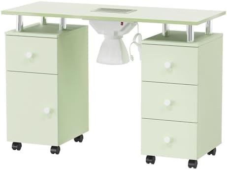 OmySalon Manicure Table Nail Desk for Nail Tech, Nail Table Station w/Electric Dust Collector, Makeup Beauty Salon Storage Acetone Resistant w/Lockable Wheels,Wrist Cushion,4 Drawers&Cabinet(Green) by OmySalon
