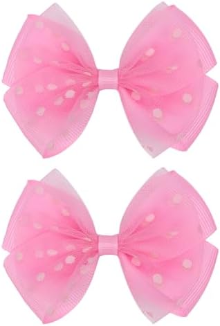 Tiny 3 Inch Dot Organza Double Hair Bow Clips - Cute Lined Boutique Alligator Hairpin for Girls, Toddlers, and Little Teens - Kids Barrettes Set of 2 Small Stylish (Hot Pink) by Zolyco