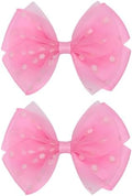 Tiny 3 Inch Dot Organza Double Hair Bow Clips - Cute Lined Boutique Alligator Hairpin for Girls, Toddlers, and Little Teens - Kids Barrettes Set of 2 Small Stylish (Hot Pink) by Zolyco