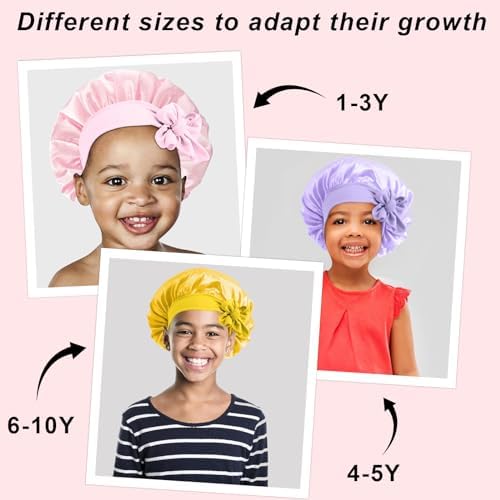 3 Pcs Kids Silk Bonnet for Sleeping - Baby Hair Bonnet for Sleep,Kids Satin Bonnets for Girls with Adjustable Wide Elastic Band,Sleeping Cap for Teens Toddler Child Curly Hair(Pink+Purple+Yellow) - Image 5