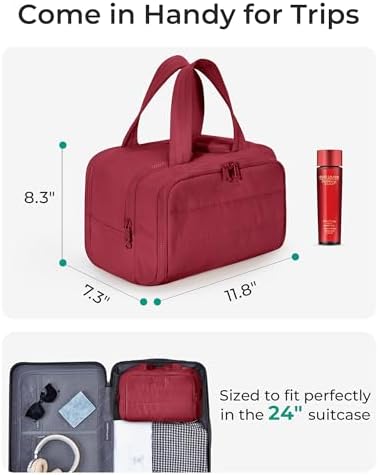 BAGSMART Travel Toiletry Bag, Puffy Toiletry Bag for Women, Wide-open toiletry bags for traveling, Large Travel Cosmetic Makeup Bag Organizer for Accessories,Toiletrie (Vintage Berry) - Image 3