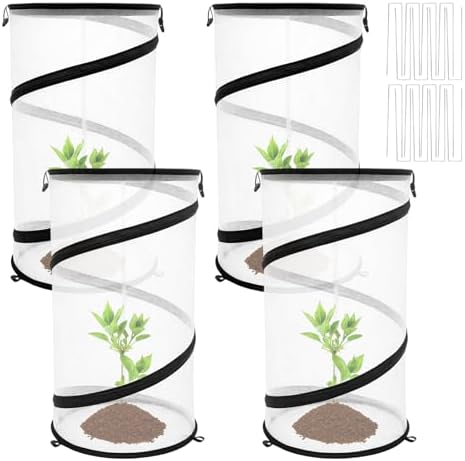 Hoypeyfiy 4 Pcs Pop Up Insect & Bird Barrier Plant Cover Net, 24"x12" Round Foldable Mesh Protector, Garden Cage Guard with Stakes & Carry Bag, Keep Animals & Birds Out for Vegetables and Flowers by Hoypeyfiy