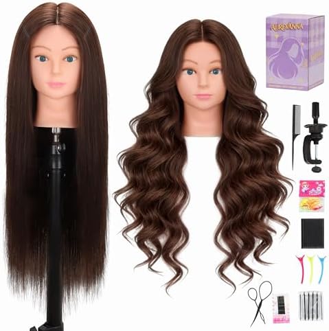 Brown 80% Human Hair Mannequin Head 26-28" Cosmetology Training with Clamp by Aurevanna