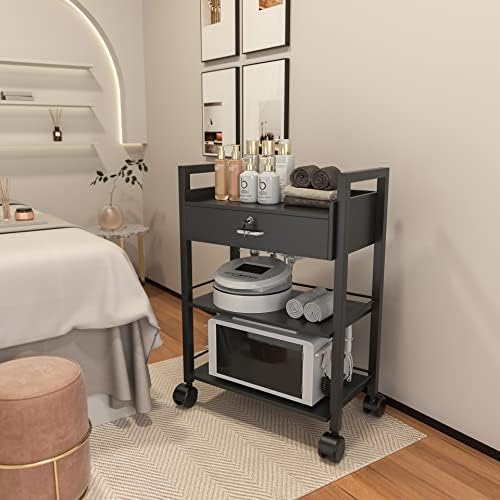 Paddie Salon Trolley Cart, Salon Tray Wooden Mobile Utility Cabinet with 1 Drawer 2 Trays, Rolling Storage Station Medical Esthetic Supply Holder for Beauty Spa (1 Drawer, Black) - Image 3