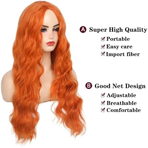 Long Curly Wavy Orange Wig Middle Part Synthetic Hair Replacement Wig for Cosplay Daily Use - Image 3