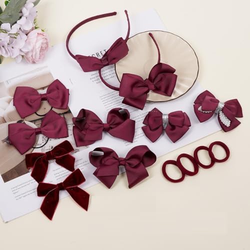phnydreg Girl Dark Red Hair Bow Accessories 14 Pieces Uniform Hair Bows Hair Clips Headband for School Toddler Girls - Image 4