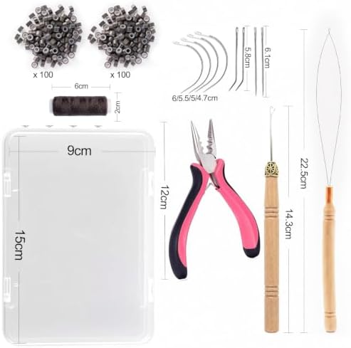 Hair Extension Tools Kit, 200 Silicone Lined Ring Beads, 1 Crochet Hook; 1 Threader, 1 3‑Hole Pliers, 1 Sewing Thread, 8 C/J/I Needles, 1 Storage Box×1–Size: 15cm×9cm - Image 2