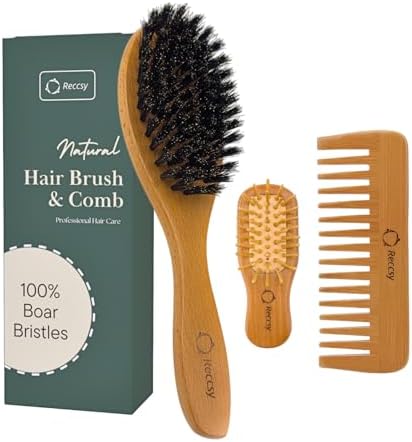 Reccsy 100% Boar Bristle Hair Brush Set with Bamboo Comb for Women by Reccsy