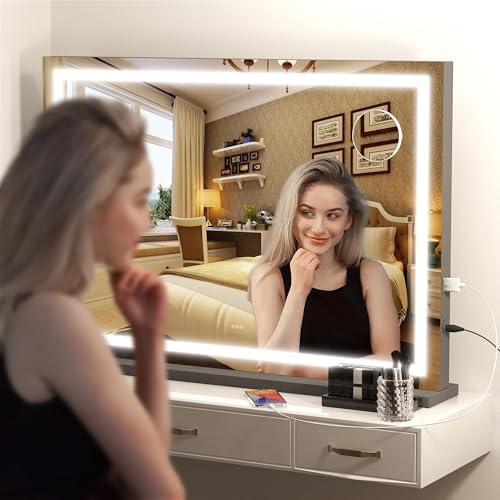 Hasipu Vanity Mirror with Lights, 32" x 24" LED Makeup Mirror, Lighted Makeup Mirror with Dimmable 3 Modes, Touch Screen Control Vanity Mirror Square Black - Image 4