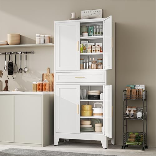 YAUWOH 71''Tall Kitchen Pantry Cabinet with Drawer,6-Tiers Metal Pantry Storage Cabinet with 4 Adjustable Shelves and 4 Barn Doors, Freestanding Farmhouse Food Cupboard for Dining Room (1PC,White) - Image 2