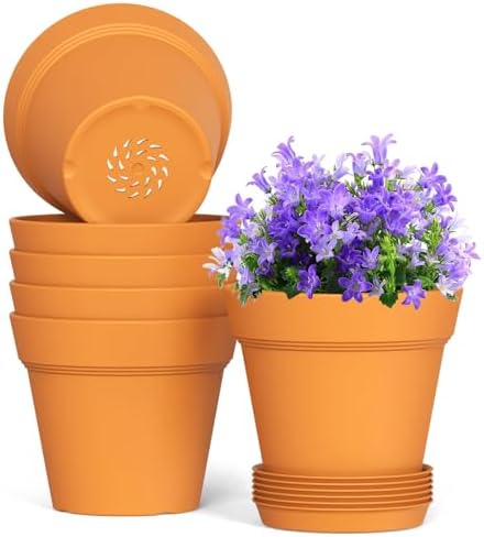 WSMKSZ 5 Inch Plastic Plant Pots with Drainage Holes and Trays – 6 Pack Small Nursery Pots for Indoor & Outdoor House Plants and Flowers, Seedling Starter Planters, Terracotta by WSMKSZ