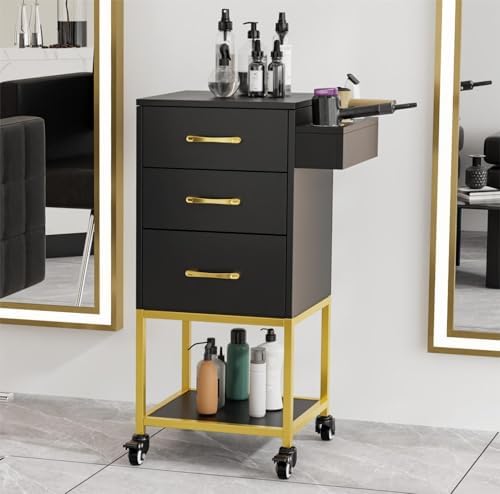 OmySalon Salon Trolley Cart with Wheels, Salon Station for Stylist, Hair Storage Cabinet with Dryer Holder & Drawer & Open Shelf, Barbershop Organizer Equipment, Black Gold by OmySalon