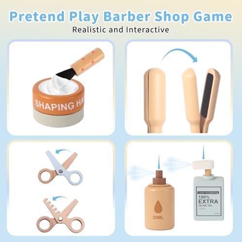 FIIOEOY Wooden Barber Shop Pretend Play Set, Kids Hair Salon Toys Shaving Kit with Blow Dryer, Comb, Shaver, Haircut Role Play Barber Accessories Gift for 3 4 5 Year Olds Boys Girls - Image 4