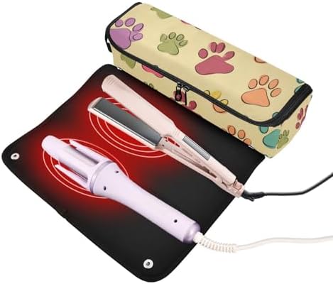 Hair Tools Travel Bag with Heat Resistant Mat Detachable 2-in-1 Curling Iron Travel Case Hot Tools Organizer for Straightener Flat Iron Light Yellow Cute Footprints - Image 2