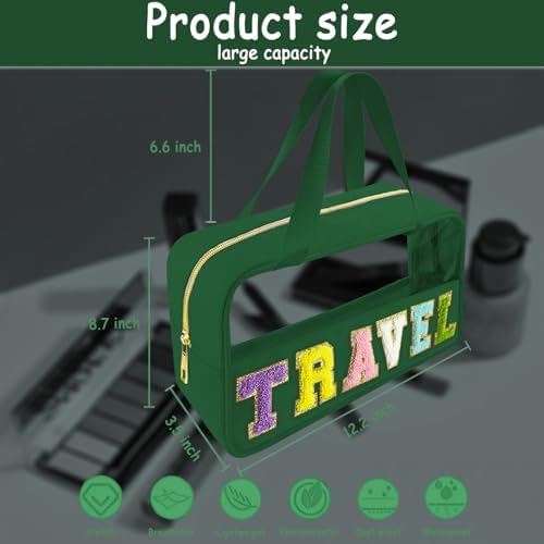 Bunliuys Chenille Letter Clear Makeup Bag Travel Patch, Travel Toiletry Makeup Bag with Handle, Nylon Waterproof Makeup Bags clear cosmetic bag, preppy patch makeup bag for Women (TRAVEL-Dark Green) - Image 2
