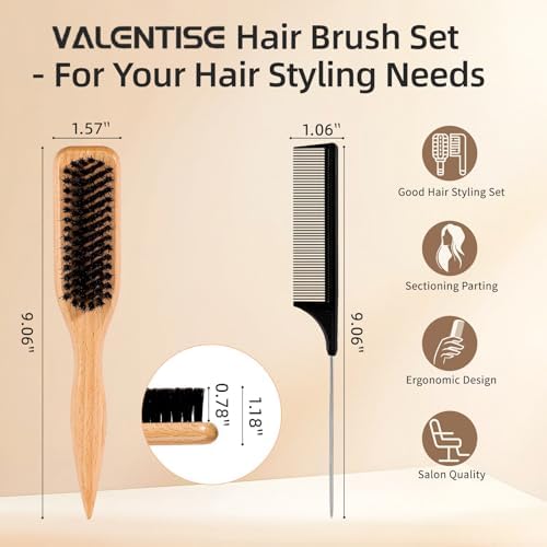 Boar Bristle Slick Back Hair Brush, Teasing Hair Brush with Black Carbon Fiber and Stainless Steel Tail Comb, Slick Hair Brush Set for Parting and Sectioning, Suitable for All Styling - Image 2