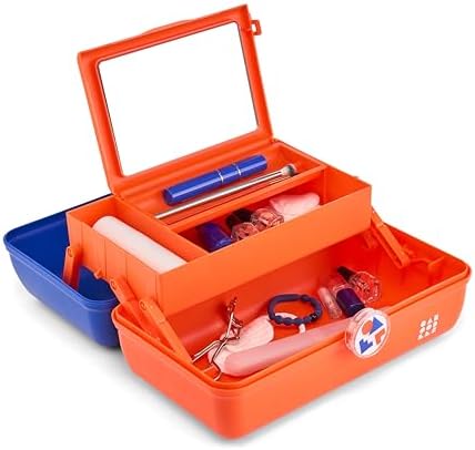 Caboodles School Spirit On-The-Go Girl Makeup Box, Blue Over Orange, Hard Plastic Makeup Organizer Box, Built-In Mirror, Secure Latch for Safe Travel, Spacious Storage for Large Items - Image 3
