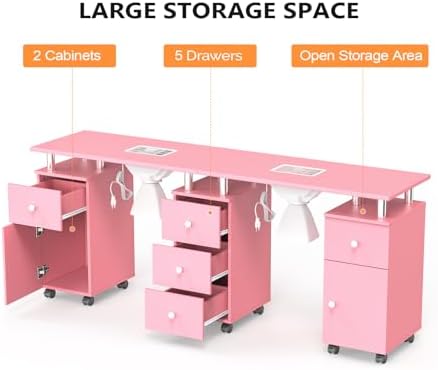 OmySalon Double Manicure Table w/Dust Collector, Nail Table Station for Nail Tech, Makeup Desk w/Wheels Arm Rest Drawers Cabinet Storage, for Beauty Spa Salon, Acetone Resistant (Pink) - Image 4