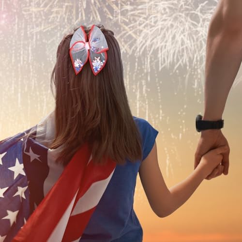 July 4th Patriotic Bows for Girls,Mesh Tulle Fable Hair Bow Clips Gift,4in - Image 3