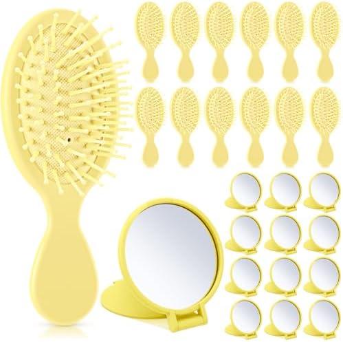 Meanplan 24 Pcs Mini Hair Brush Set Travel Wet Dry Hair Combs Pocket Detangling Compact Folding Makeup Mirrors for Spa Sleepover Birthday Bridal Shower Bachelorette Christmas Party Gift(Yellow) by Meanplan
