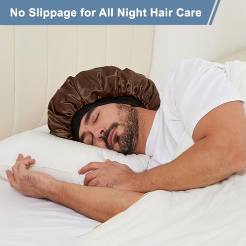 2 PCS Satin Silk Bonnet for Men Women, Hair Bonnet for Sleeping Men with Elastic Band, Large Silk Bonnet for Women Curly Hair Braids (Black+Brown) - Image 2
