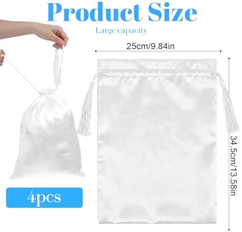 4Pcs Wig Storage Bags,Satin Wig Bag with Drawstring Tassel Silk Hair Bag Wigs Storage for Multiple Wigs,Bundles,Hair Extensions (White) - Image 2