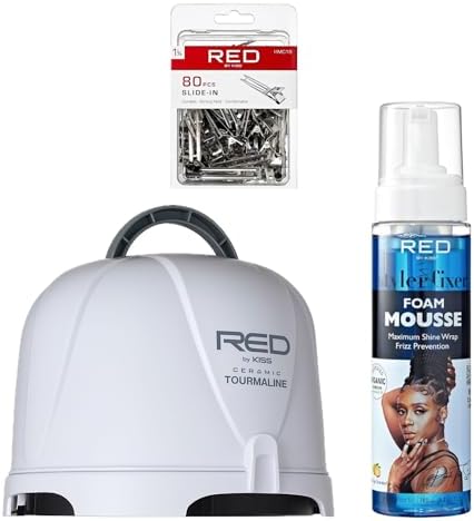Red by Kiss 3000 Ceramic Tourmaline Professional Hood Dryer + 80pcs Slide-in Hair Clips + Foaming Mousse with Jamaican Black Castor Oil, Complete Hair Styling & Curl Setting Kit for Home & Salon by REDbyKISS