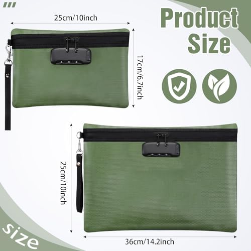 Nezyo 2 Pcs Fireproof Document Bag with Lock, Waterproof Money Pouch,Green - Image 2
