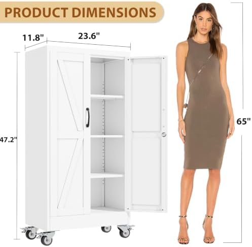 47" Metal Garage Storage Locker Cabinet with Wheels,Rolling White Lockable Tool Cabinet with 2 Doors and 3 Adjustable Shelves, Steel File Cabinet for Home Office Warehouse Gym - Image 3