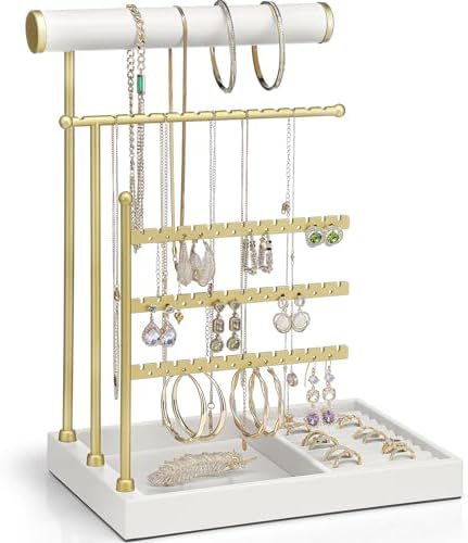 VLANDO Jewelry Stand Organizer with Ring Holder, Jewelry Holder Organizer with Tray, Necklace Holder Bracket Holder Earring Holder - White by VLANDO