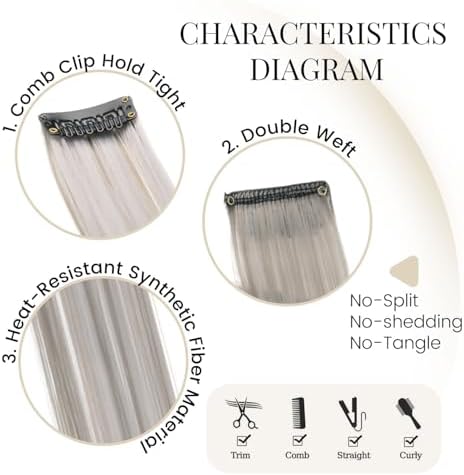 10 Pcs Colored Clip in Hair Extensions 22 Inch Silver Mix Gray - Image 3