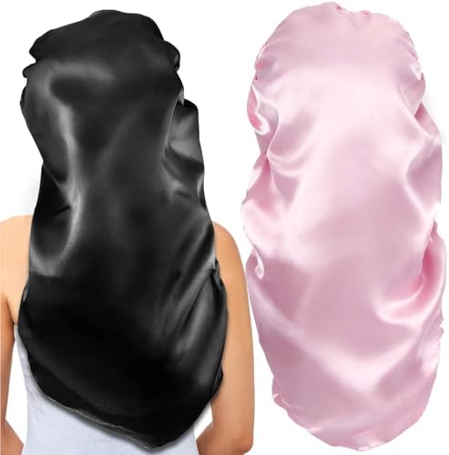 2Pcs Long Satin Bonnet Sleep Caps, Braids Bonnet, Black+Pink by Gelme+Nutri