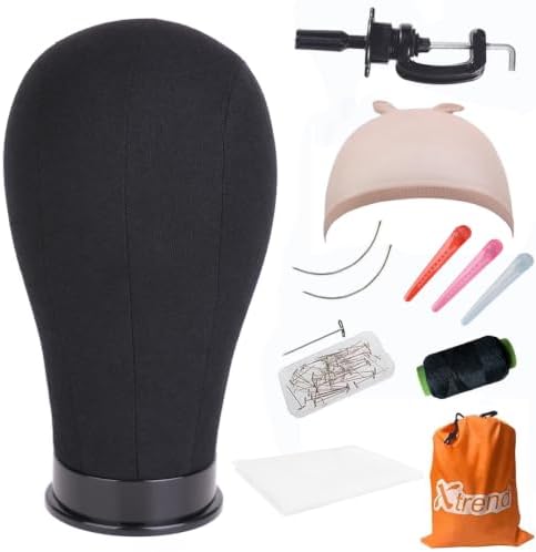 XTREND 21"-24'' Poly Canvas Block Head for Making Head Weft/Wig/Hair Extension Making Display Styling Mannequin Head with Stand Set Manikin Canvas Head Hair Accessories by XTREND